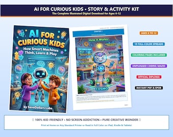 Puede incluir: Un kit digital de historias y actividades titulado AI FOR CURIOUS KIDS: How Smart Machines Think, Learn & Play. Incluye una ilustración de portada con dos niños y un robot, además de una página de capítulo que explica cómo funcionan los robots.