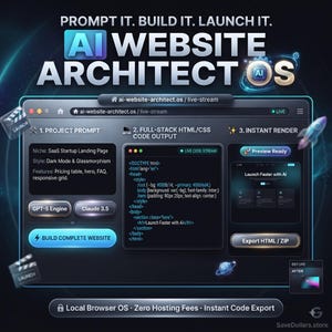 Op de afbeelding: Een digitale interface getiteld AI WEBSITE ARCHITECT OS met drie stappen: Project Prompt, Full-Stack HTML/CSS Code Output en Instant Render. Het bevat knoppen voor GPT-5 Engine, Claude 3.5, Build Complete Website en Export HTML/ZIP.
