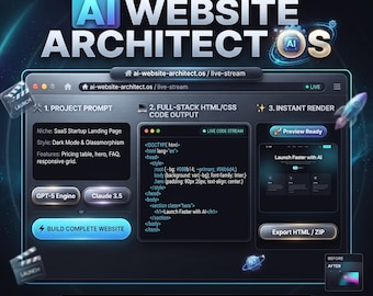 Puede incluir: Una interfaz digital titulada AI WEBSITE ARCHITECT OS que presenta tres pasos: Project Prompt, Full-Stack HTML/CSS Code Output e Instant Render. Incluye botones para GPT-5 Engine, Claude 3.5, Build Complete Website y Export HTML/ZIP.