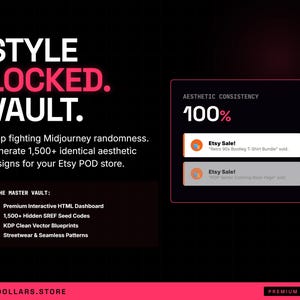 Könnte beinhalten: Eine schwarze digitale Grafik mit rosa Text, der STYLE LOCKED. VAULT. und AESTHETIC CONSISTENCY 100% anzeigt. Es listet Funktionen wie ein Premium Interactive HTML Dashboard, 1.500+ Hidden SREF Seed Codes, KDP Clean Vector Blueprints und Streetwear & Seamless Patterns auf.
