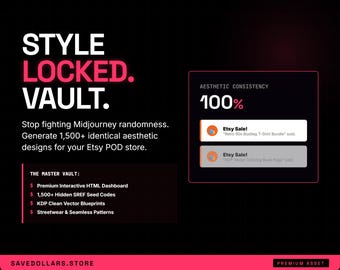 Puede incluir: Un gráfico digital negro con texto rosa que dice STYLE LOCKED. VAULT. y AESTHETIC CONSISTENCY 100%. Enumera características que incluyen un Premium Interactive HTML Dashboard, 1.500+ Hidden SREF Seed Codes, KDP Clean Vector Blueprints y Streetwear & Seamless Patterns.