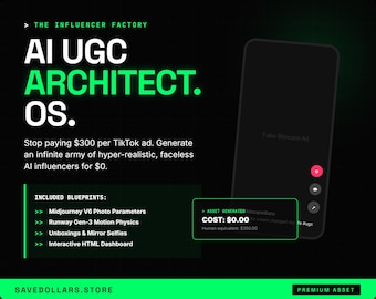Puede incluir: Un gráfico digital titulado AI UGC ARCHITECT. OS. con fondo negro y texto verde. Enumera planos incluidos como Midjourney V6 y Runway Gen-3, junto a una maqueta de teléfono inteligente que muestra un coste de 0,00 $ y SAVEDOLLARS.STORE.