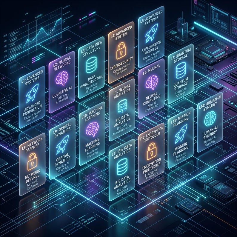 May include: A digital interface featuring a grid of glowing neon rectangular panels labeled L1 through L14. Each panel displays icons of rockets, brains, locks, or databases with text detailing advanced technology concepts like neural networks and cybersecurity.