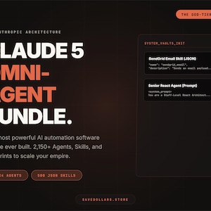 Könnte beinhalten: Eine dunkle digitale Benutzeroberfläche mit dem Titel Claude 5 Omni-Agent Bundle in orangefarbenem Text. Sie listet 2.150+ Agenten, Skills und Blueprints auf und enthält ein system_vaults_init-Panel mit SendGrid Email Skill und Senior React Agent.