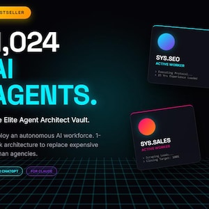 May include: A digital graphic promoting AI agents. The image features the text "1,024 AI AGENTS" in large, teal letters, with the words "BESTSELLER" in a yellow banner. Two digital cards are shown with the text "SYS.SEO ACTIVE WORKER" and "SYS.SALES ACTIVE WORKER".