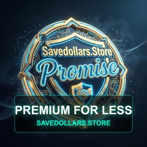 以下が含まれることがあります： 金と青の盾に「Savedollars.Store Promise」と書かれたデジタルグラフィック。盾の下には、緑色の長方形に「Premium for Less」と「Savedollars.Store」が表示されています。背景は濃い青色です。
