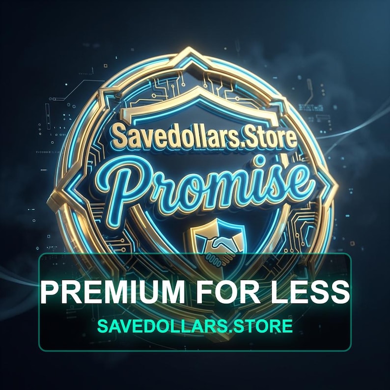 以下が含まれることがあります： 金と青の盾に「Savedollars.Store Promise」と書かれたデジタルグラフィック。盾の下には、緑色の長方形に「Premium for Less」と「Savedollars.Store」が表示されています。背景は濃い青色です。