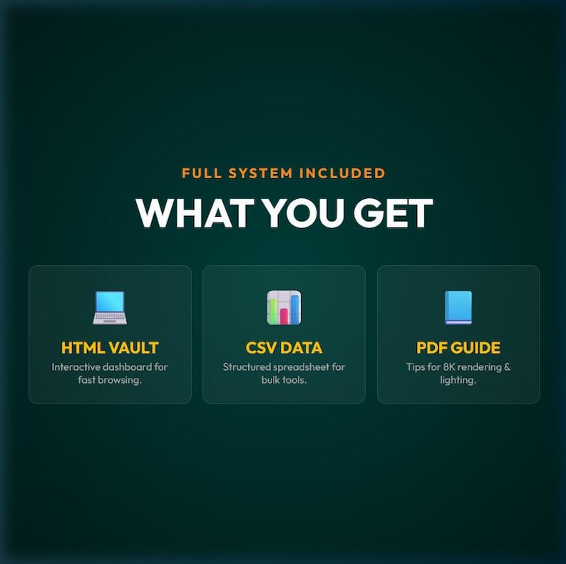 以下が含まれることがあります： 「FULL SYSTEM INCLUDED WHAT YOU GET」というテキストのグラフィック。その下に、「HTML VAULT」、「CSV DATA」、および「PDF GUIDE」とラベル付けされた3つのボックスがあります。各ボックスには、製品の簡単な説明が含まれています。