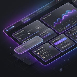 May include: A digital dashboard interface titled Lumina with a dark theme and glowing purple accents. The layout features translucent panels displaying project overview metrics, an analytics hub with line graphs, team activity, and quick action buttons.