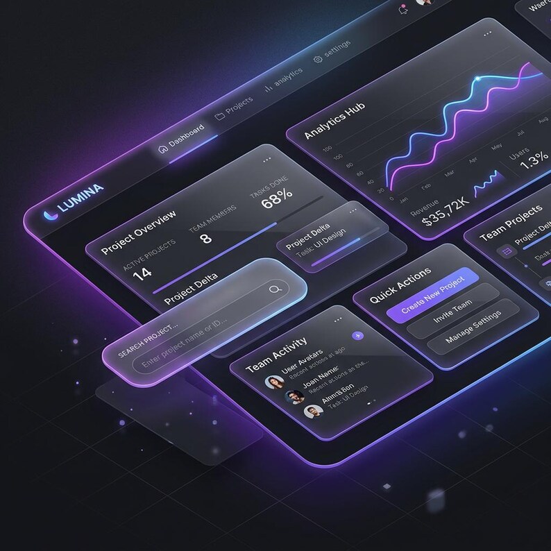May include: A digital dashboard interface titled Lumina with a dark theme and glowing purple accents. The layout features translucent panels displaying project overview metrics, an analytics hub with line graphs, team activity, and quick action buttons.