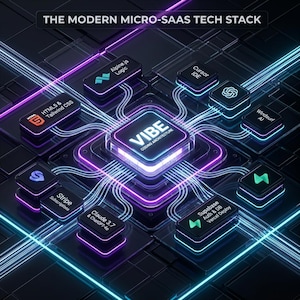 Op de afbeelding: Een digitale infographic getiteld THE MODERN MICRO-SAAS TECH STACK met een centrale VIBE CODING ARCHITECTURE-hub verbonden door gloeiende lijnen met diverse technologiemodules waaronder Alpine.js, Cursor IDE, HTML5, Tailwind CSS en Stripe.