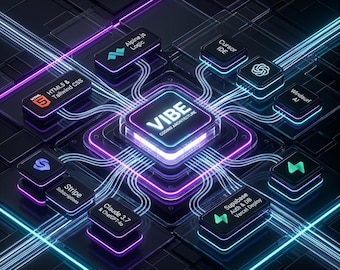 Puede incluir: Una infografía digital titulada THE MODERN MICRO-SAAS TECH STACK que presenta un centro VIBE CODING ARCHITECTURE conectado por líneas brillantes a varios módulos tecnológicos, incluyendo Alpine.js, Cursor IDE, HTML5, Tailwind CSS y Stripe.