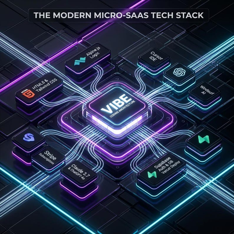 May include: A digital infographic titled THE MODERN MICRO-SAAS TECH STACK featuring a central VIBE CODING ARCHITECTURE hub connected by glowing lines to various technology modules including Alpine.js, Cursor IDE, HTML5, Tailwind CSS, and Stripe.