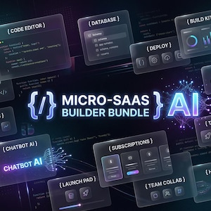 Könnte beinhalten: Eine digitale Grafik mit dem Titel Micro-SaaS Builder Bundle AI, die durchscheinende schwebende Paneele mit Beschriftungen wie Code Editor, Database, Build Kits, Deploy, Stripe API, Analytics, Chatbot AI, Subscriptions, Launch Pad, Team Collab und Hosting zeigt.