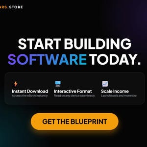 May include: A dark blue and black graphic with the text "START BUILDING SOFTWARE TODAY." Below, a black rectangle contains icons and text: "Instant Download," "Interactive Format," and "Scale Income." A yellow button reads "GET THE BLUEPRINT."