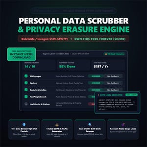 May include: A digital interface for a personal data scrubber and privacy erasure engine. The dashboard displays metrics like brokers scrubbed, footprint cleared, and fees saved. It includes an auto legal generator for CCPA and GDPR requests.