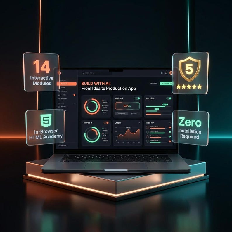 May include: A laptop displaying a dark-themed dashboard titled BUILD WITH AI: From Idea to Production App. Floating translucent panels show 14 Interactive Modules, a 5-star shield icon, an HTML5 logo, and the text Zero Installation Required.