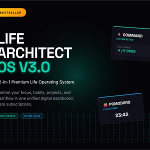 May include: A digital dashboard interface titled Life Architect OS V3.0, a 12-in-1 premium life operating system. It features a dark background with neon green text, a Command module showing 4/5 habits done, and a Pomodoro focus timer at 23:42.