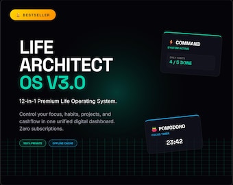 May include: A digital dashboard interface titled Life Architect OS V3.0, a 12-in-1 premium life operating system. It features a dark background with neon green text, a Command module showing 4/5 habits done, and a Pomodoro focus timer at 23:42.