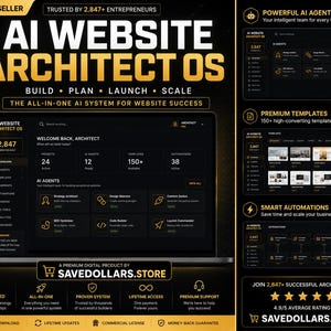 May include: A digital advertisement for "AI WEBSITE ARCHITECT OS," a system for website success. The design features a laptop displaying the software interface, with supporting graphics highlighting AI agents, templates, and automations. Text includes "Best Seller" and "Trusted by 2,847+ Entrepreneurs."