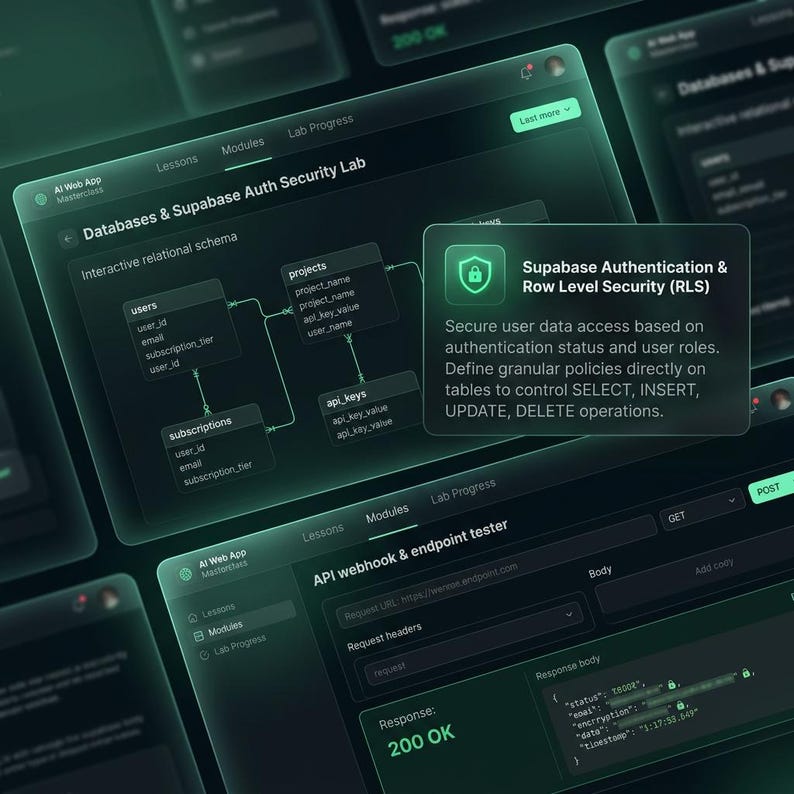 May include: A dark interface showing a Databases & Supabase Auth Security Lab with a relational schema diagram. A pop-up window details Supabase Authentication & Row Level Security, explaining secure user data access and granular policies.