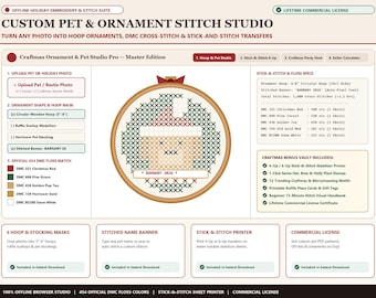 Puede incluir: Una interfaz digital para el Custom Pet & Ornament Stitch Studio con un patrón de punto de cruz de una mascota con gorro de Papá Noel en un bastidor de madera. La pantalla incluye texto, especificaciones de hilos y ajustes.