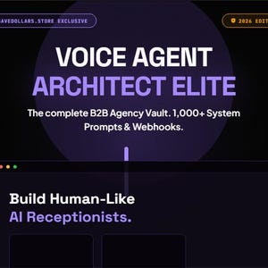 May include: A digital graphic with the text "VOICE AGENT ARCHITECT ELITE" in white and purple. The text "Build Human-Like AI Receptionists" is also visible. The image has a dark background with a purple circular design.