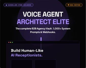Puede incluir: Gráfico digital con el texto "VOICE AGENT ARCHITECT ELITE" en blanco y morado. También es visible el texto "Build Human-Like AI Receptionists". La imagen tiene un fondo oscuro con un diseño circular morado.