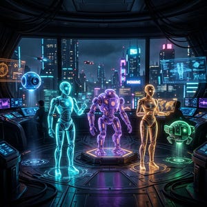 Könnte beinhalten: Ein futuristischer Kontrollraum mit drei humanoiden Robotern in blauem, violettem und orangefarbenem Neonlicht. Die Roboter stehen auf kreisförmigen Plattformen vor einem großen Fenster mit Blick auf eine dunkle, leuchtende Stadt.