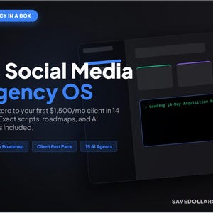 Op de afbeelding: Donkerblauwe afbeelding met de tekst "AI Social Media Agency OS" en "Agency in a Box". De afbeelding bevat de tekst "Van nul naar uw eerste $1.500/maand klant in 14 dagen. Exacte scripts, roadmaps en AI-agenten inbegrepen."