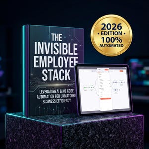 以下が含まれることがあります： 「The Invisible Employee Stack: Leveraging AI & No-Code Automation for Unmatched Business Efficiency」というタイトルの本と、デジタルワークフロー図を表示したタブレット。2026 Edition 100% Automatedと書かれた金色のシールが貼られている。