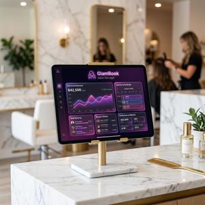 以下が含まれることがあります： 「GlamBook Salon Manager」アプリを表示するタブレット。金色のスタンドと大理石のベースに取り付けられています。画面には収益とパフォーマンス指標が表示されます。金色の櫛と香水瓶が大理石のカウンタートップにあります。