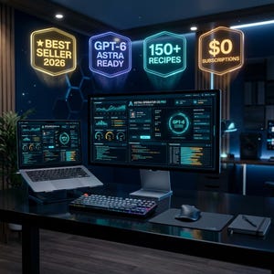 May include: A workspace featuring a laptop and a large monitor displaying the Astra Operator G5 Pro dashboard with data charts. Floating neon signs above read BEST SELLER 2026, GPT-6 ASTRA READY, 150+ RECIPES, and $0 SUBSCRIPTIONS. A keyboard and mouse are on the desk.