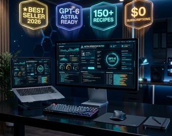 Puede incluir: Un espacio de trabajo con un portátil y un monitor grande que muestra el panel Astra Operator G5 Pro con gráficos. Sobre el escritorio flotan letreros de neón con los textos BEST SELLER 2026, GPT-6 ASTRA READY, 150+ RECIPES y $0 SUBSCRIPTIONS.
