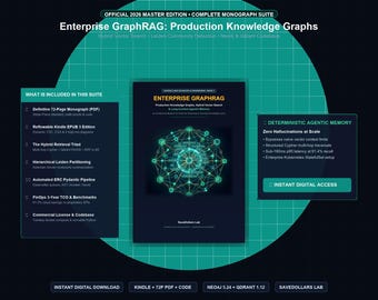Puede incluir: Una suite de productos digitales titulada Enterprise GraphRAG: Production Knowledge Graphs, que presenta una portada de monografía con un gráfico de red geométrico verde, una lista de componentes y un módulo de memoria.