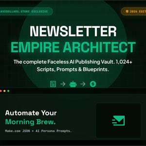Op de afbeelding: Een digitale afbeelding met de tekst "NEWSLETTER EMPIRE ARCHITECT" in wit en groen. De afbeelding promoot een faceless AI publishing vault met scripts, prompts en blauwdrukken. De onderste sectie luidt "Automate Your Morning Brew."