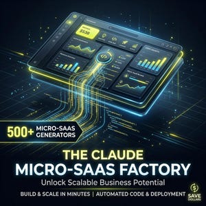 Puede incluir: Gráfico digital que promociona "The Claude Micro-SaaS Factory". La imagen presenta una interfaz tipo tableta que muestra visualizaciones de datos y fragmentos de código. El texto incluye "500+ generadores Micro-SaaS" y "Desbloquee el potencial empresarial escalable."