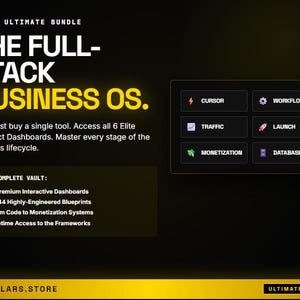 Könnte beinhalten: Werbegrafik für "THE FULL-STACK BUSINESS OS". Das Bild zeigt Text und Symbole auf dunklem Hintergrund. Es hebt sechs Elite-Architekten-Dashboards hervor, darunter "Cursor", "Workflow", "Traffic", "Launch", "Monetization" und "Datenbank".