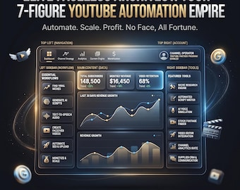 Puede incluir: Una interfaz de panel digital titulada Elite Faceless Architect: Your 7-Figure YouTube Automation Empire. Muestra métricas como 148,500 suscriptores y $16,450 de ingresos mensuales, con barras laterales para flujos de trabajo y herramientas.