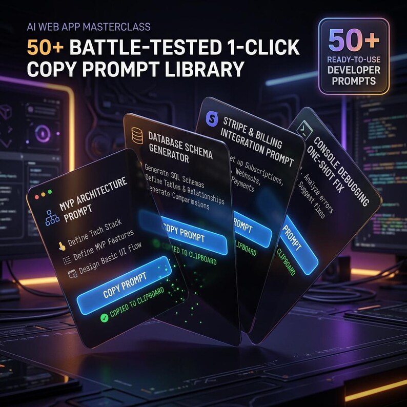 May include: A digital graphic displaying an AI Web App Masterclass with a 50+ battle-tested 1-click copy prompt library. Three dark, translucent cards feature text for MVP Architecture, Database Schema Generator, and Stripe & Billing Integration.
