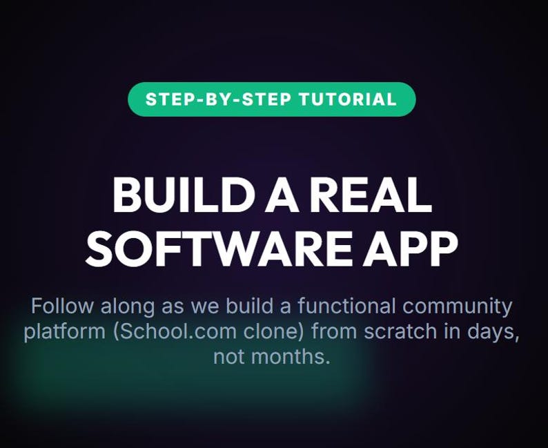 May include: A dark background with the text "STEP-BY-STEP TUTORIAL" in a green banner. Below, large white text reads "BUILD A REAL SOFTWARE APP." Smaller text below states the tutorial's focus on building a community platform.