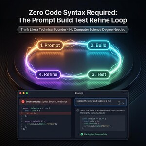 May include: An infographic titled Zero Code Syntax Required: The Prompt Build Test Refine Loop. It features a glowing circular diagram with four steps and a split-screen interface showing a JavaScript syntax error and a corrected code snippet.