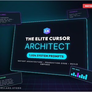 Op de afbeelding: Digitale afbeelding die "THE ELITE CURSOR ARCHITECT" promoot met 1.024 systeem prompts. Donkere achtergrond met neonblauwe en turquoise accenten. Tekst: "Instant Architecture, Production Code, Build Empires" en codefragmenten.