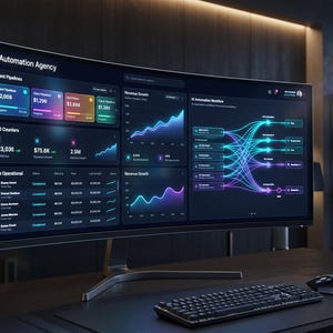 Könnte beinhalten: Ein gebogener Computermonitor zeigt ein dunkel gestaltetes Dashboard mit dem Titel AI Automation Agency, das farbenfrohe Diagramme, Kunden-Pipelines und ein komplexes Workflow-Diagramm mit leuchtenden Knoten auf einem schwarzen Schreibtisch zeigt.