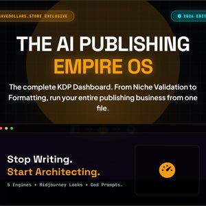 May include: A digital dashboard interface titled The AI Publishing Empire OS 2026 Edition. The text reads: Stop Writing. Start Architecting. 5 Engines + Midjourney Locks + God Prompts. The design features a dark grid background with orange accents.