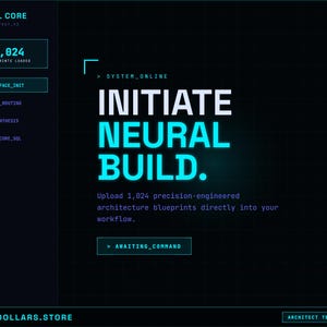 May include: A dark blue digital interface with white and teal text. The text reads "INITIATE NEURAL BUILD." It also displays "1,024 blueprints loaded" and "AWAITING_COMMAND."