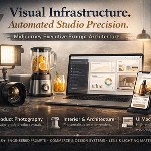 Op de afbeelding: Professionele productfotografie-opstelling met camera, verlichting en laptop met gegevens. Een blender met sinaasappels en een smartphone met een productafbeelding zijn ook aanwezig. De tekst luidt "Visual Infrastructure. Automated Studio Precision."