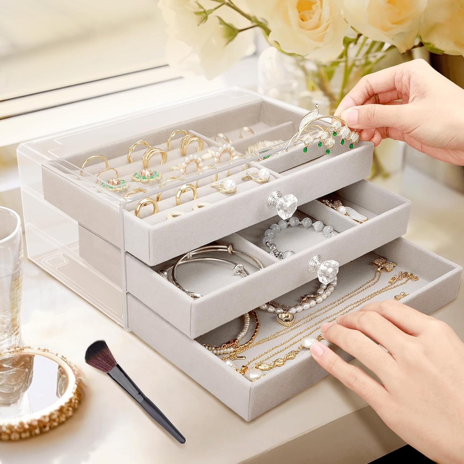 Jewelry Organizer Trays Drawer Dividers Handmade Velvet Exterior Storage  for Necklaces Rings Earrings Watch Cosmetics Combination Stackable 