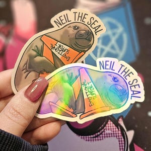Neil the Seal Stickers and Bookmarks: Emotional Support Cone Die-cut Sticker Vinyl Holographic Magnetic