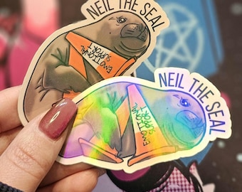 Neil the Seal Stickers and Bookmarks: Emotional Support Cone Die-cut Sticker Vinyl Holographic Magnetic